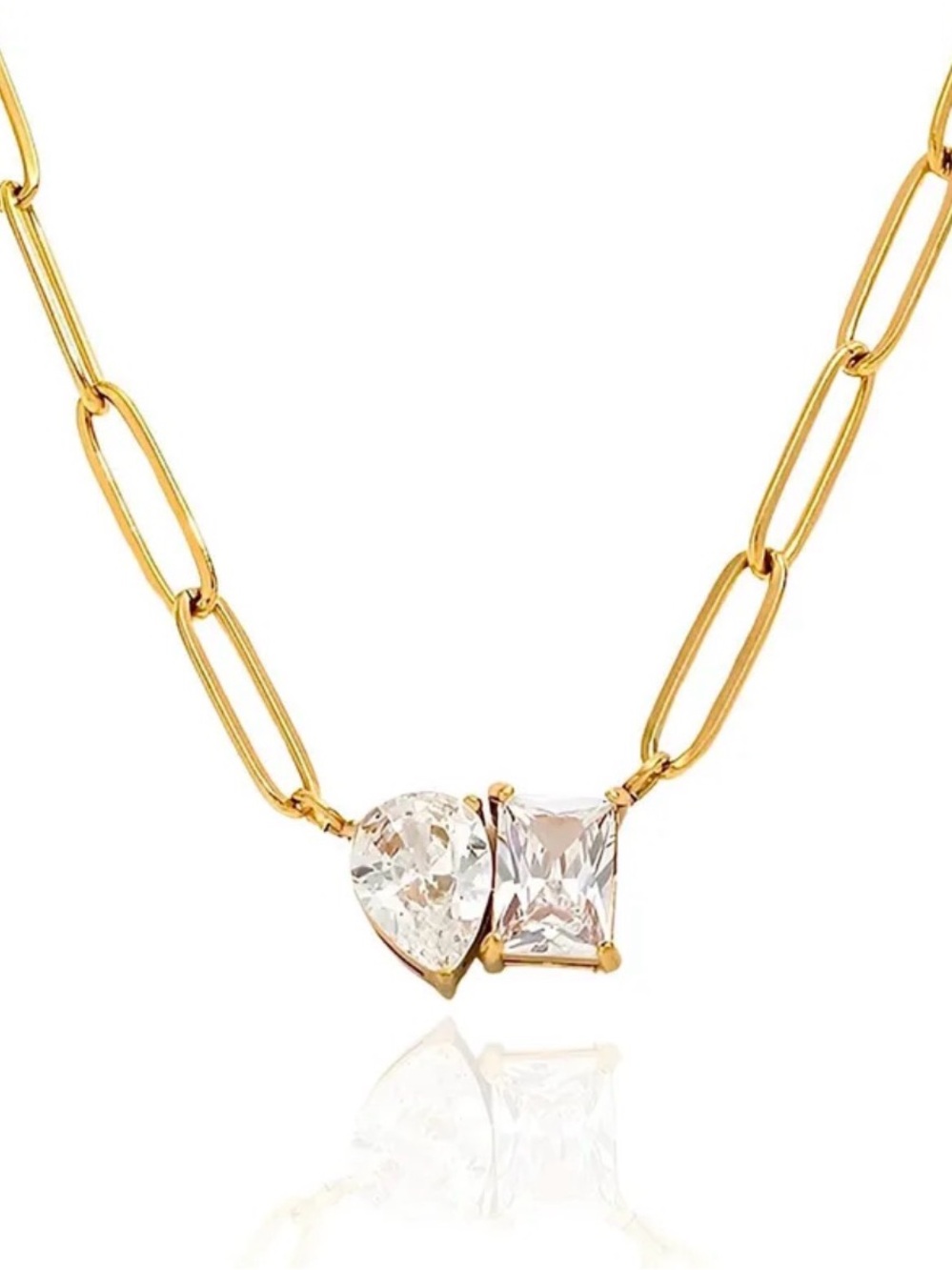 Paperclip Chain Necklace with CZ Stone Pendant NWT 18KT Gold Plated PVD
